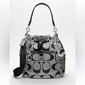 Coach Poppy Metallic Cinch Bucket Bag Black Gray Shoulder Crossbody Bag 17930